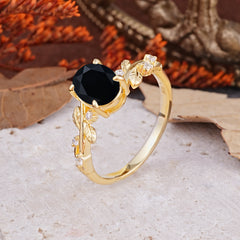 Nature-Inspired Oval Cut Leaf Black Onyx Promise Ring for Women