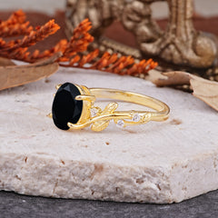 Nature-Inspired Oval Cut Leaf Black Onyx Promise Ring for Women