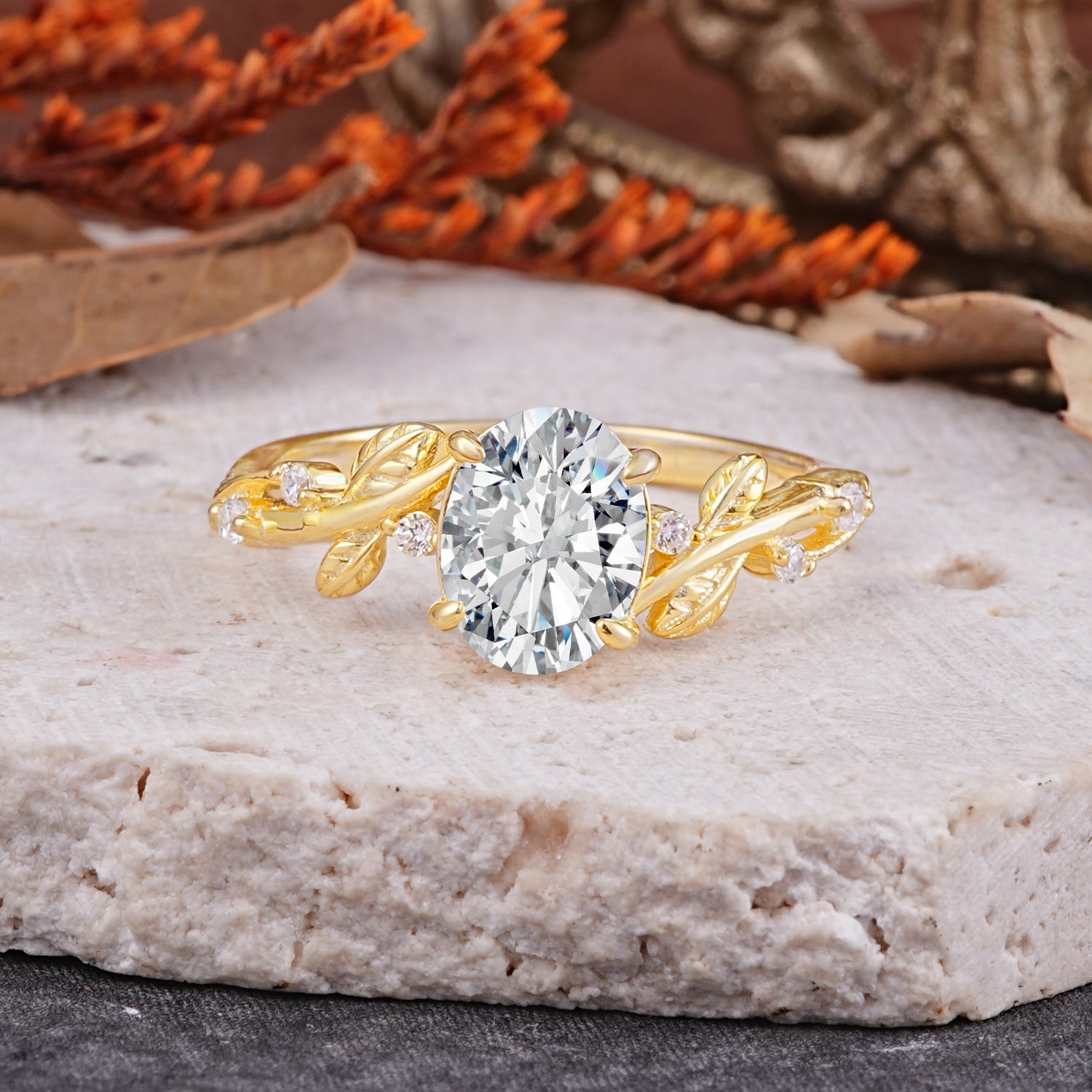 Nature-Inspired Oval Cut Leaf Lab Diamond  Engagement Ring for Women