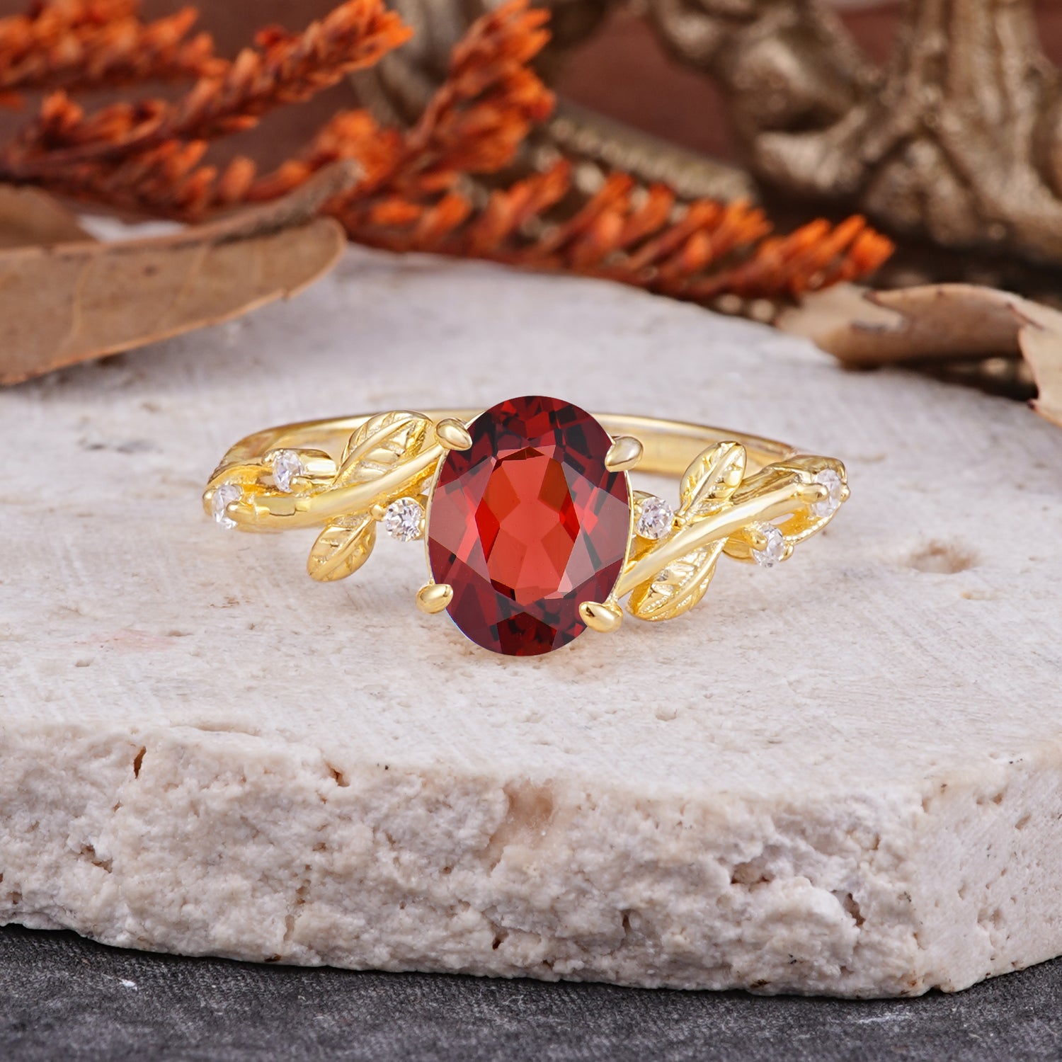 Nature-Inspired Oval Cut Leaf Garnet Engagement Ring for Women