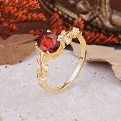 Nature-Inspired Oval Cut Leaf Garnet Promise Ring for Women