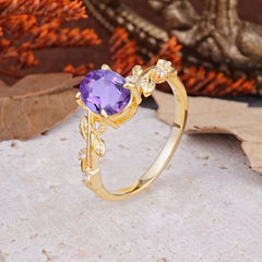 Nature-Inspired Oval Cut Leaf Amethyst Promise Ring for Women
