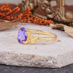 Nature-Inspired Oval Cut Leaf Amethyst Promise Ring for Women
