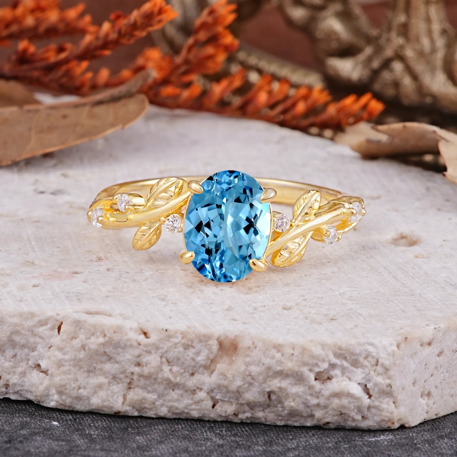 Nature-Inspired Oval Cut Leaf Aquamarine Engagement Ring for Women