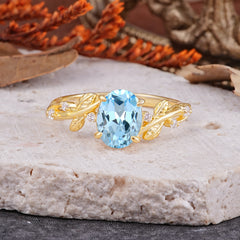 Nature-Inspired Oval Cut Leaf Aquamarine Promise Ring for Women