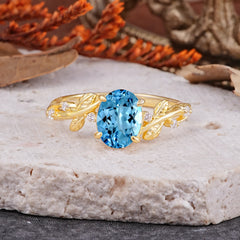 Nature-Inspired Oval Cut Leaf Aquamarine Promise Ring for Women