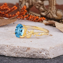 Nature-Inspired Oval Cut Leaf Aquamarine Promise Ring for Women