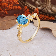 Nature-Inspired Oval Cut Leaf Aquamarine Promise Ring for Women