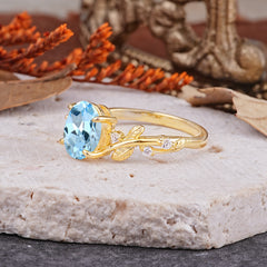 Nature-Inspired Oval Cut Leaf Aquamarine Promise Ring for Women