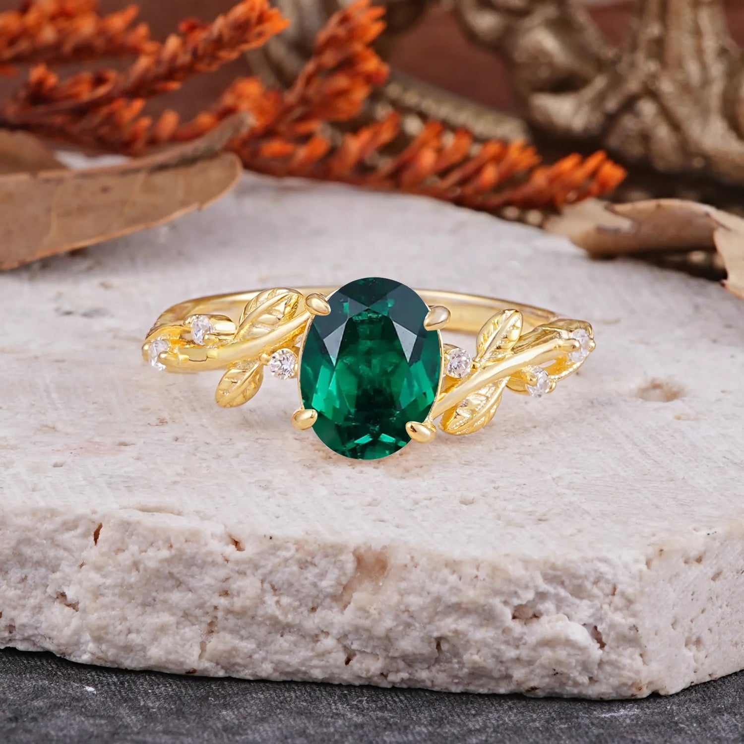 Nature-Inspired Oval Cut Leaf Emerald Engagement Ring for Women