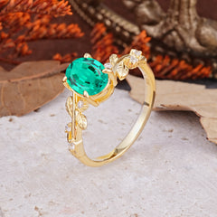 Nature-Inspired Oval Cut Leaf Emerald Promise Ring for Women