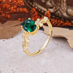 Nature-Inspired Oval Cut Leaf Emerald Promise Ring for Women