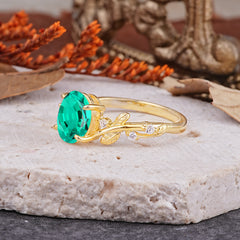 Nature-Inspired Oval Cut Leaf Emerald Promise Ring for Women