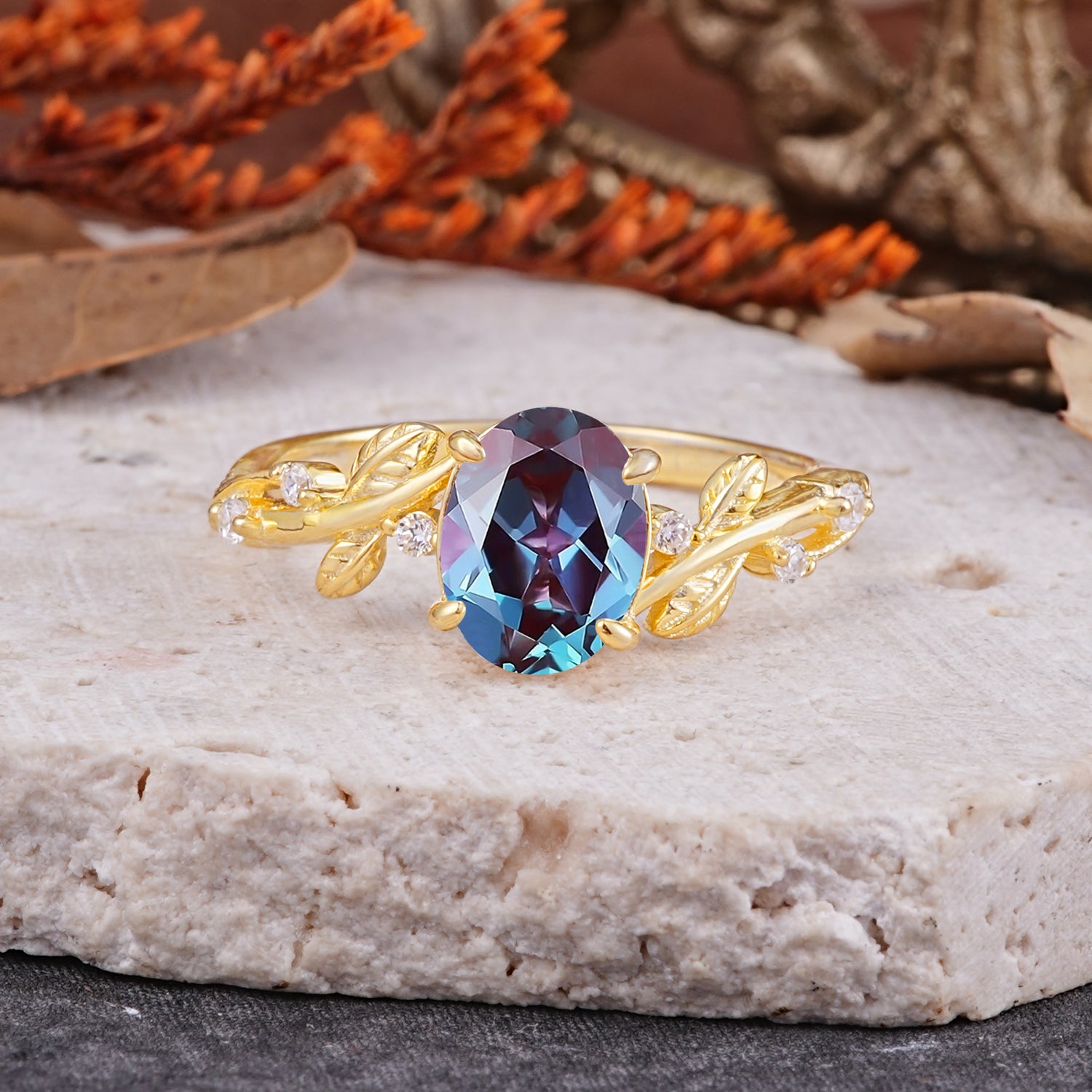 Nature-Inspired Oval Cut Leaf Alexandrite Engagement Ring for Women