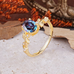 Nature-Inspired Oval Cut Leaf Alexandrite Promise Ring for Women