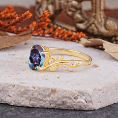 Nature-Inspired Oval Cut Leaf Alexandrite Promise Ring for Women