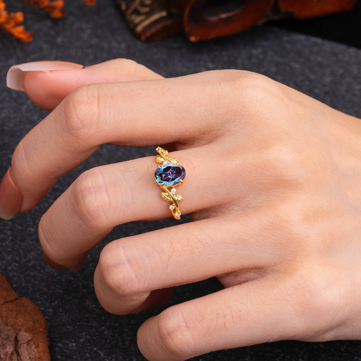 Nature-Inspired Oval Cut Leaf Alexandrite Engagement Ring for Women