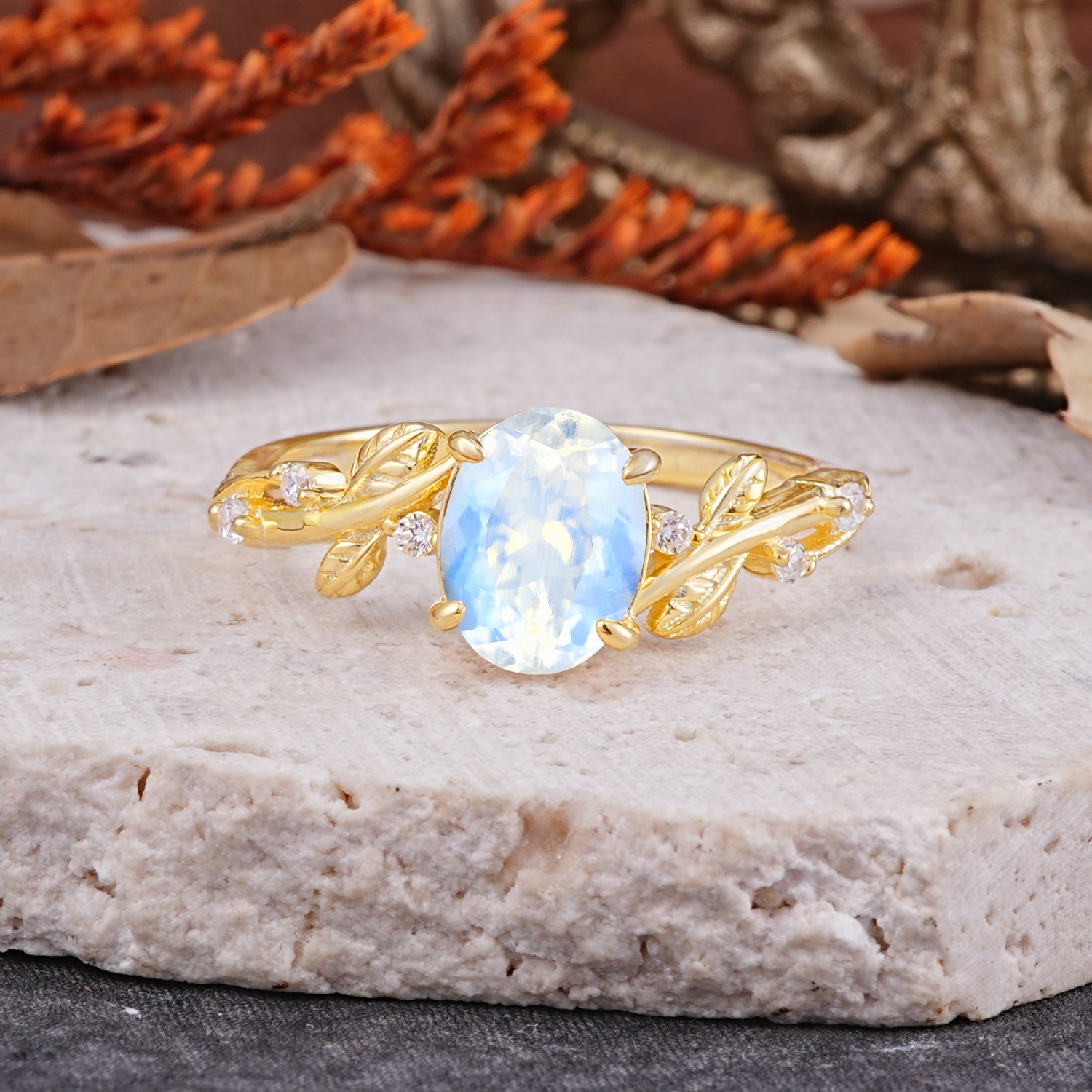 Nature-Inspired Oval Cut Leaf Moonstone Engagement Ring for Women