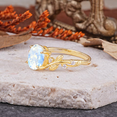 Nature-Inspired Oval Cut Leaf Moonstone Promise Ring for Women