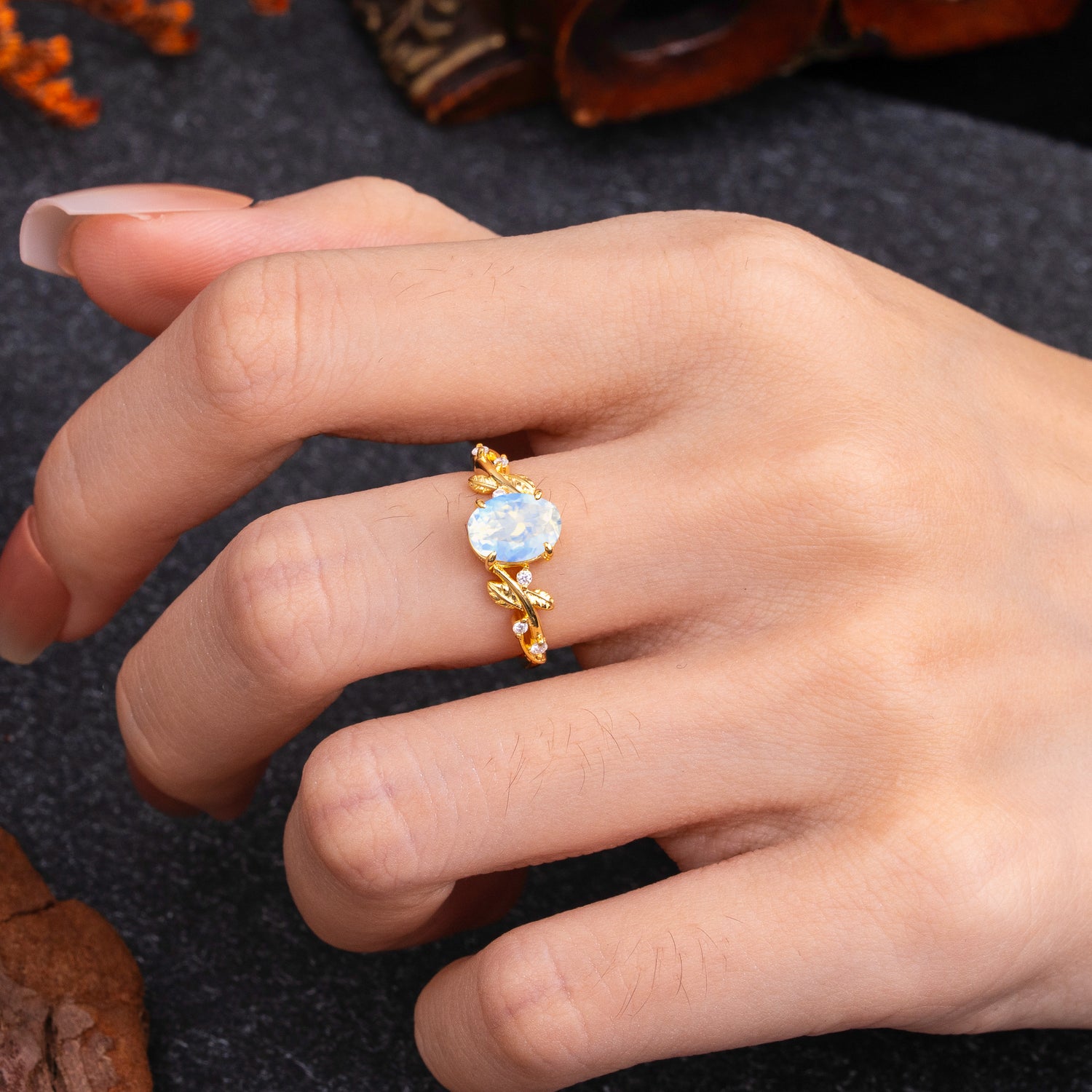 Nature-Inspired Oval Cut Leaf Moonstone Engagement Ring for Women