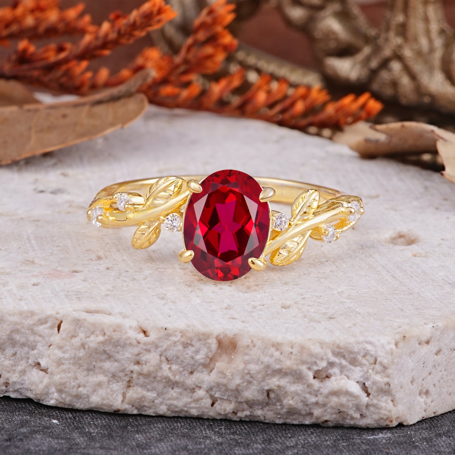 Nature-Inspired Oval Cut Leaf Ruby Engagement Ring for Women