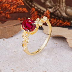 Nature-Inspired Oval Cut Leaf Ruby Promise Ring for Women