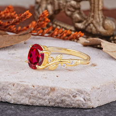 Nature-Inspired Oval Cut Leaf Ruby Promise Ring for Women