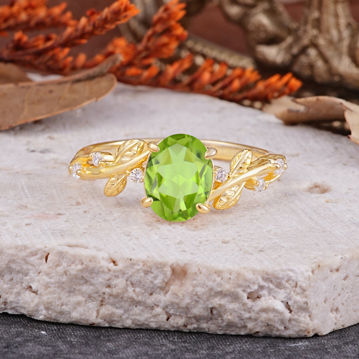 Nature-Inspired Oval Cut Leaf Peridot Engagement Ring for Women