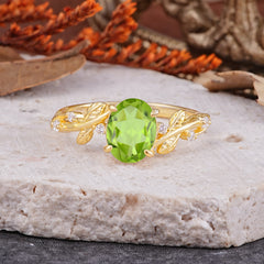 Nature-Inspired Oval Cut Leaf Peridot Promise Ring for Women