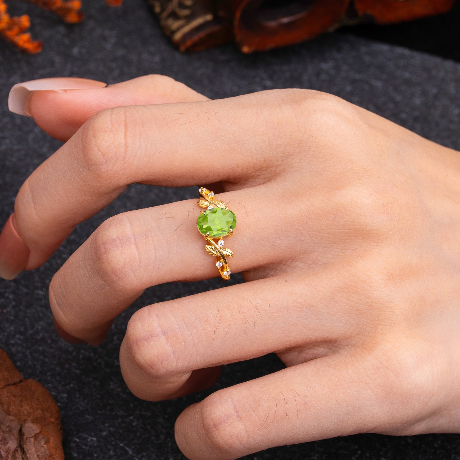 Nature-Inspired Oval Cut Leaf Peridot Engagement Ring for Women