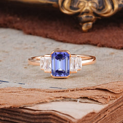 Emerald Cut Baguette Side Stones Tanzanite Engagement Ring