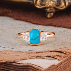 Emerald Cut Baguette Side Stones Turquoise Engagement Ring