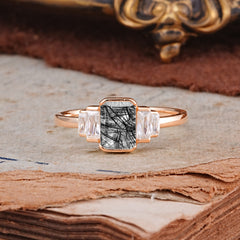 Emerald Cut Baguette Side Stones Black Rutilated Quartz Engagement Ring