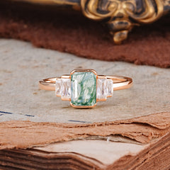 Emerald Cut Baguette Side Stones Moss Agate Engagement Ring
