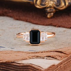 Emerald Cut Baguette Side Stones Black Onyx Engagement Ring