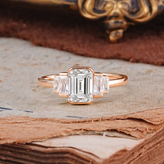 Emerald Cut Baguette Side Stones Lab Diamond Engagement Ring
