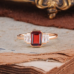Emerald Cut Baguette Side Stones Garnet Engagement  Ring