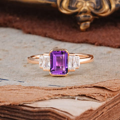 Emerald Cut Baguette Side Stones Amethyst Engagement Ring
