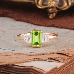 Emerald Cut Baguette Side Stones Peridot Engagement Ring