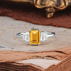 Emerald Cut Baguette Side Stones Citrine Engagement Ring