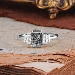 Emerald Cut Baguette Side Stones Black Rutilated Quartz Engagement Ring