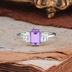 Emerald Cut Baguette Side Stones Amethyst Engagement Ring