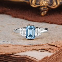 Emerald Cut Baguette Side Stones Aquamarine Engagement Ring