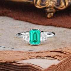 Emerald Cut Baguette Side Stones Emerald Engagement Ring