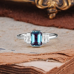 Emerald Cut Baguette Side Stones Alexandrite Engagement Ring
