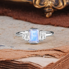Emerald Cut Baguette Side Stones Moonstone Engagement Ring