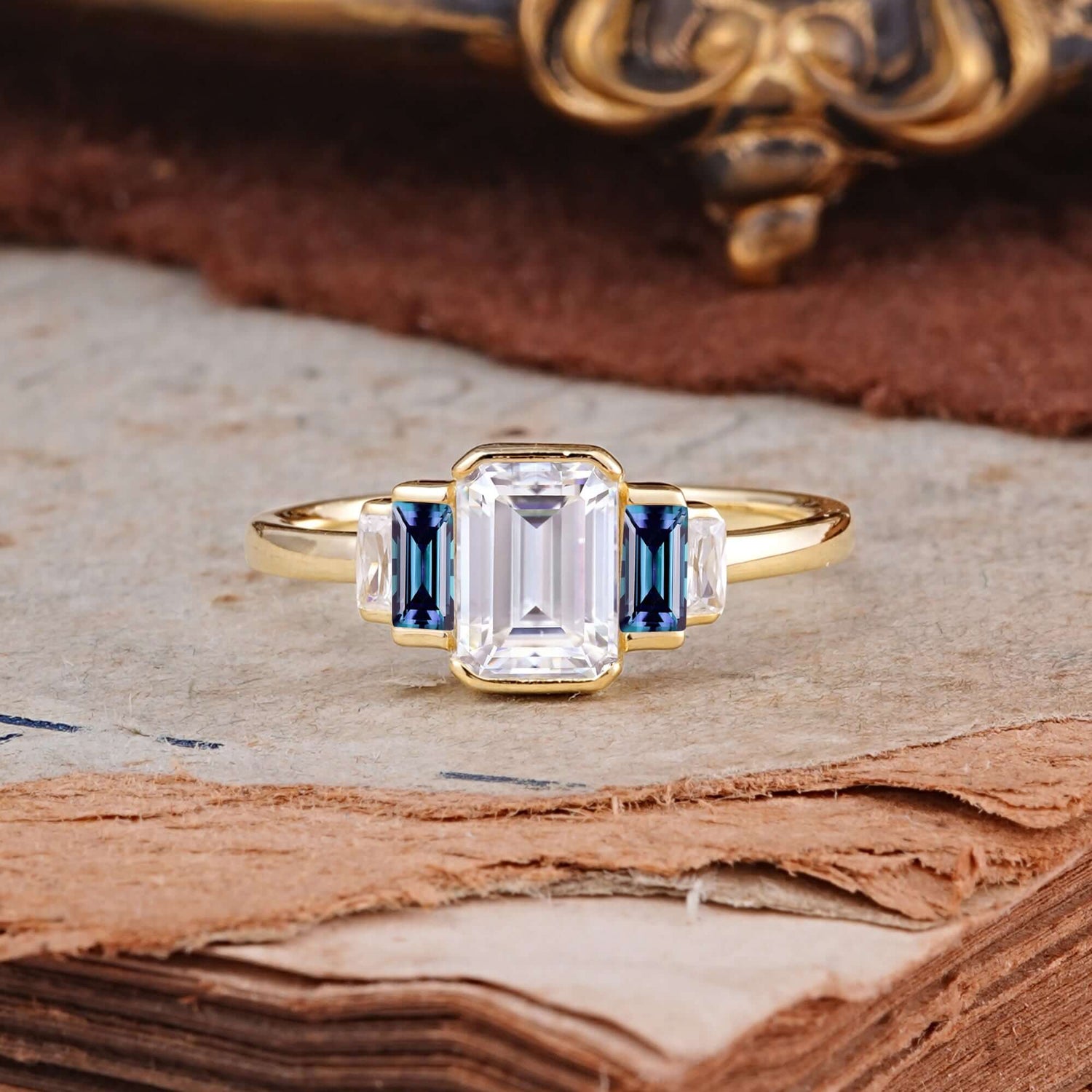 Customize-Emerald Cut Baguette Side Stones Moissanite Engagement Ring