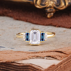 Customize-Emerald Cut Baguette Side Stones Moissanite Engagement Ring