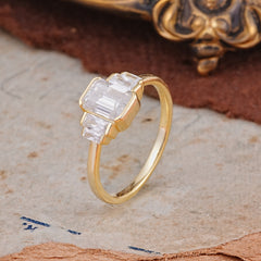 Emerald Cut Baguette Side Stones Moissanite Engagement  Ring