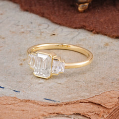 Emerald Cut Baguette Side Stones Moissanite Engagement  Ring